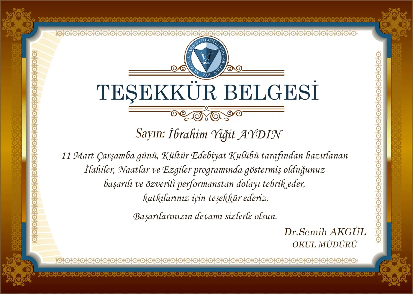 İbrahim Yiğit Aydın teşekkür belgesi